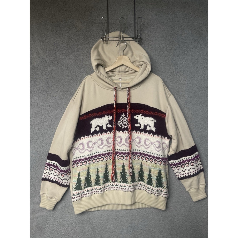 Free People Lutz Fair Isle Oversized Sweatshirt Hoodie Bear Combo Colorway Small
